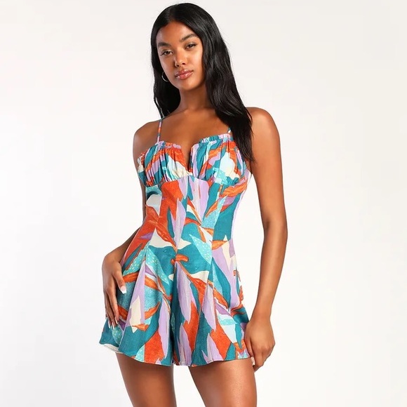 Sage Pants - NEW Teal Multi Tropical Print Bustier Romper